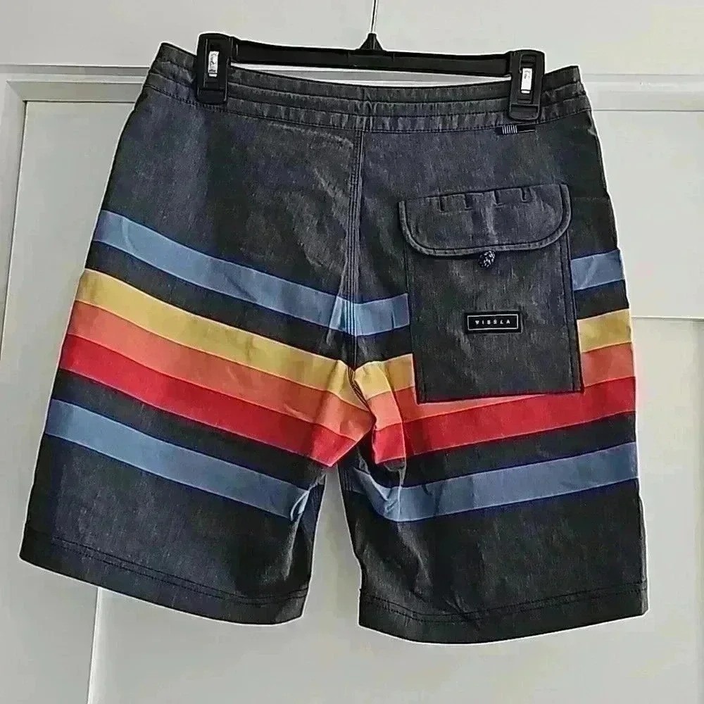 Vissla Mens Board Shorts Striped Swim Trunks Size 29 Charcoal Blue Red Yellow - Picture 3 of 9